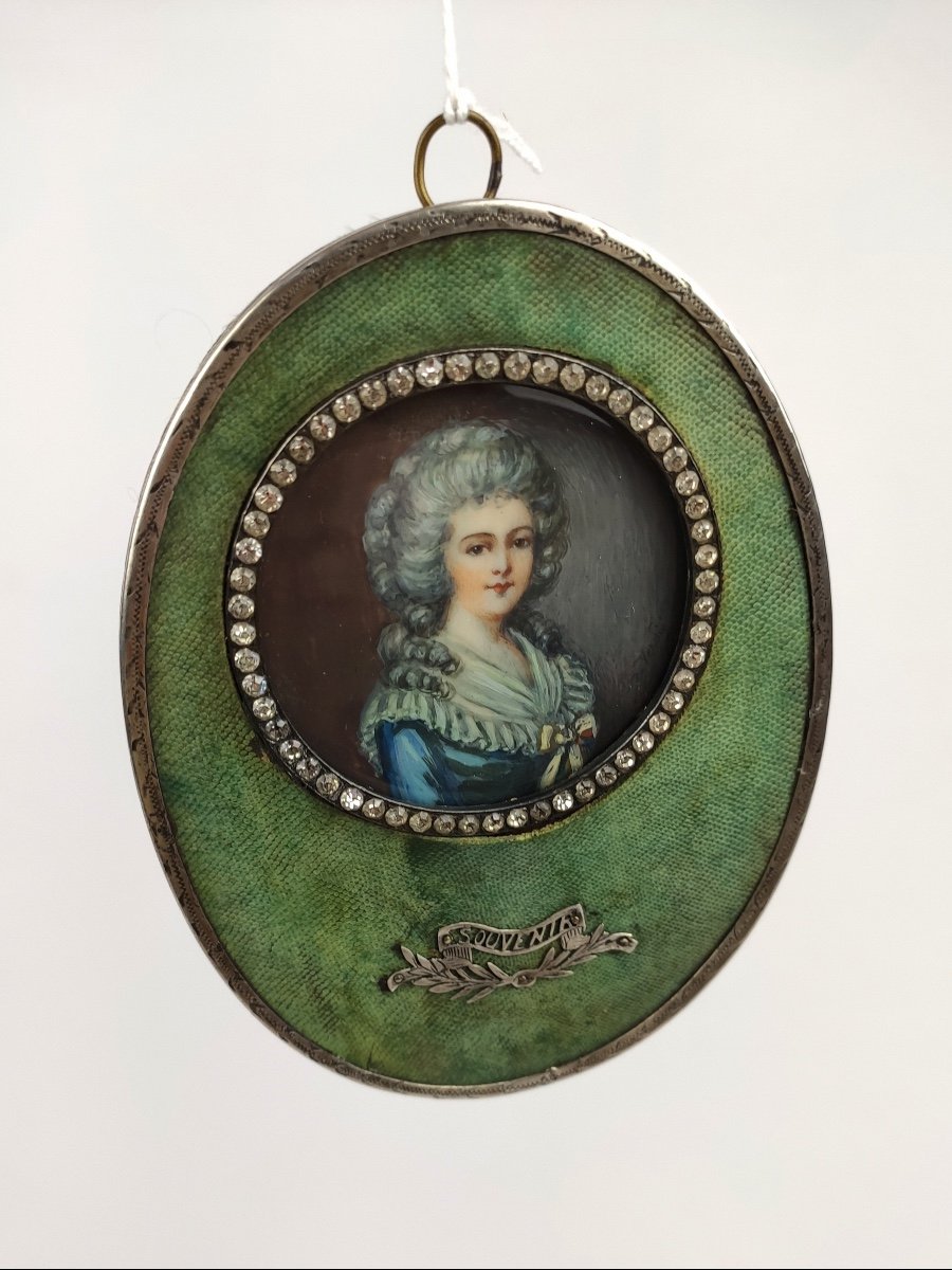 Superb Miniature Of A Fashionable Woman From The 18th Century, Frame In Shagreen, Stone & Silver. 19th Century-photo-5