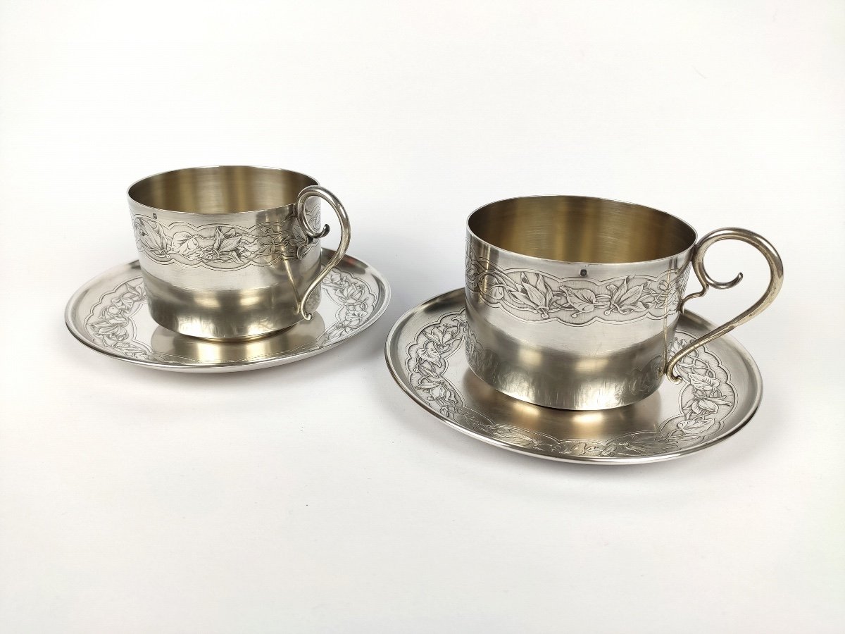 Bardiès: Pair Of Large Breakfast, Art Nouveau Chocolate Cups In Solid Silver & Vermeil 1900-photo-2