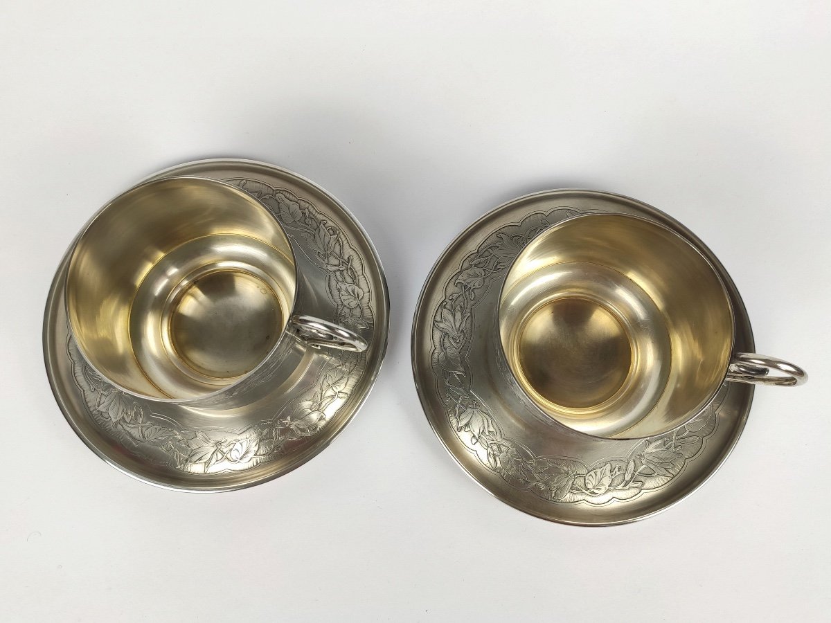 Bardiès: Pair Of Large Breakfast, Art Nouveau Chocolate Cups In Solid Silver & Vermeil 1900-photo-3