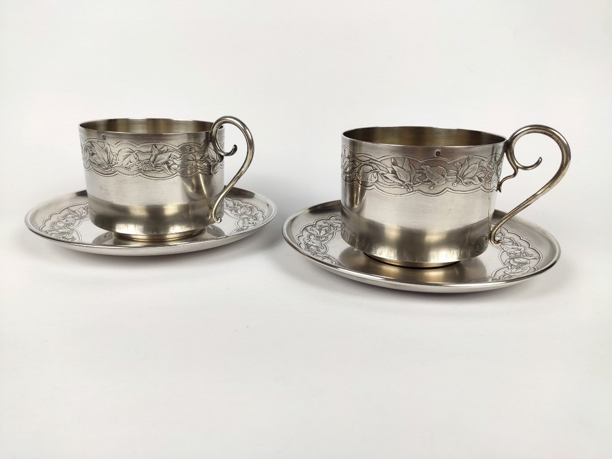 Bardiès: Pair Of Large Breakfast, Art Nouveau Chocolate Cups In Solid Silver & Vermeil 1900-photo-4