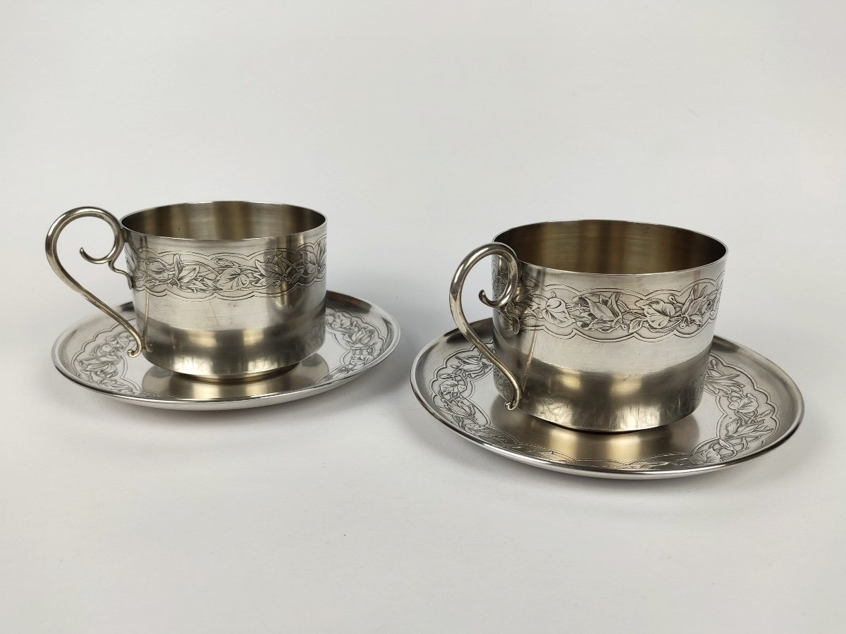 Bardiès: Pair Of Large Breakfast, Art Nouveau Chocolate Cups In Solid Silver & Vermeil 1900-photo-1