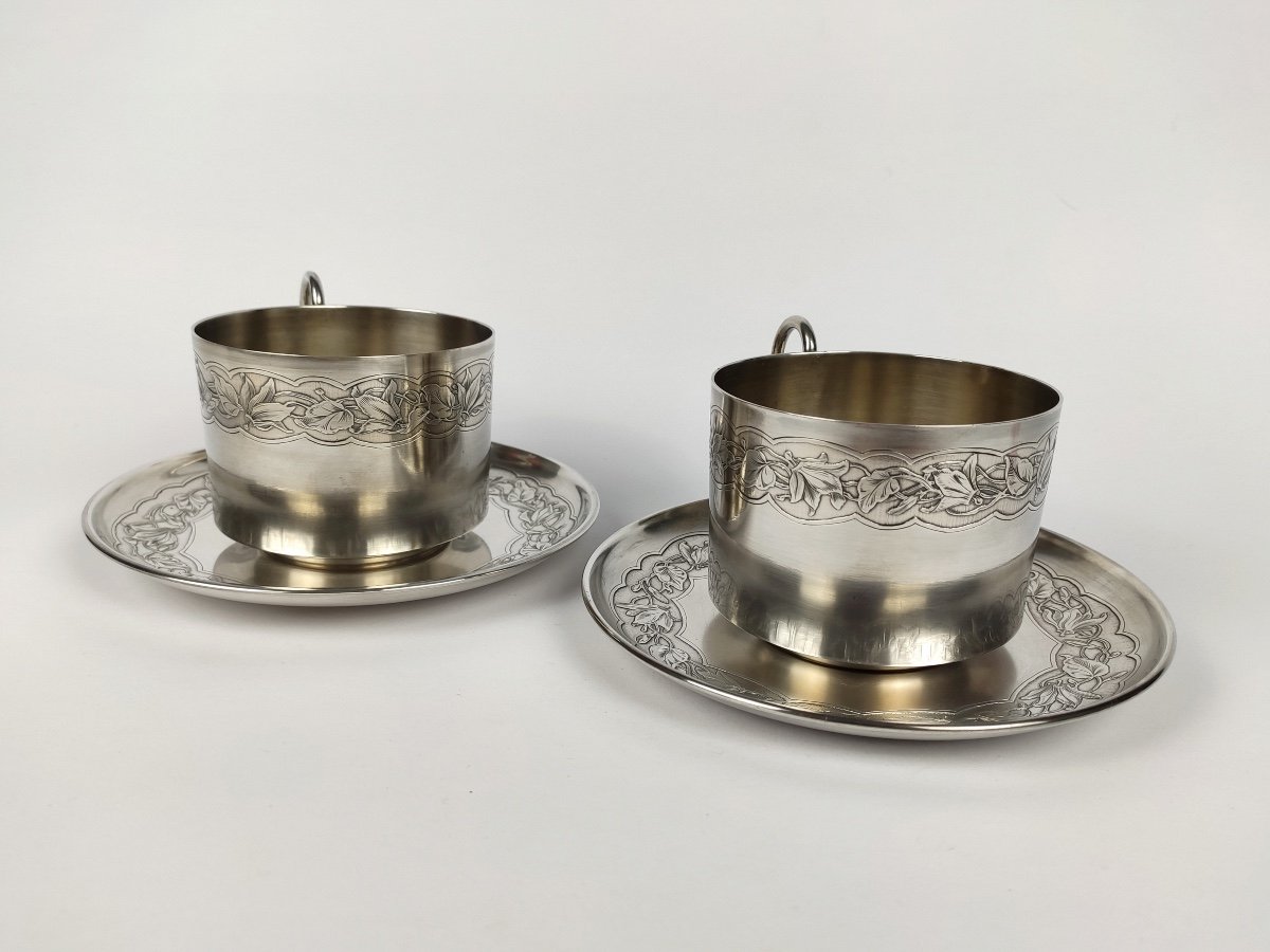 Bardiès: Pair Of Large Breakfast, Art Nouveau Chocolate Cups In Solid Silver & Vermeil 1900-photo-2