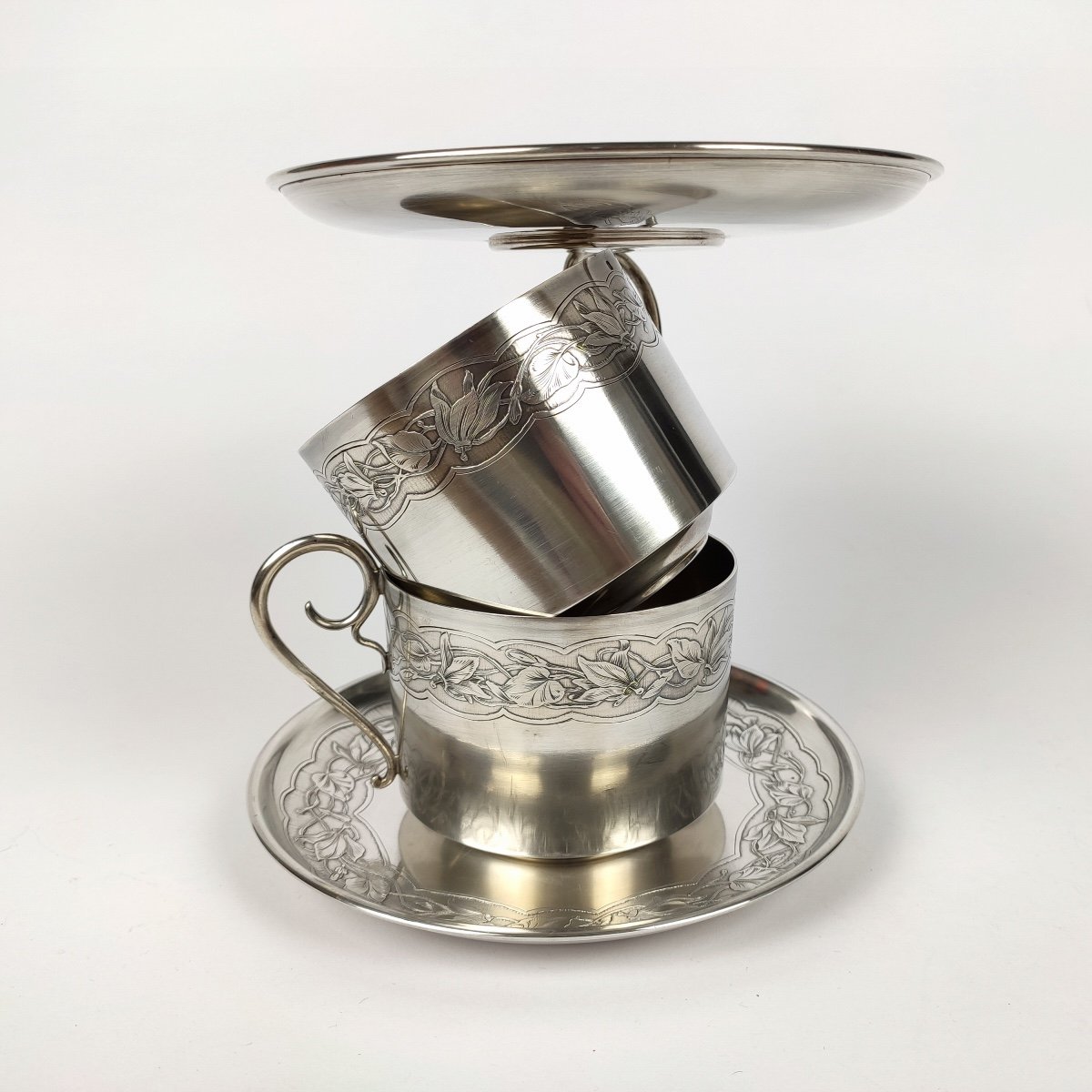 Bardiès: Pair Of Large Breakfast, Art Nouveau Chocolate Cups In Solid Silver & Vermeil 1900-photo-6