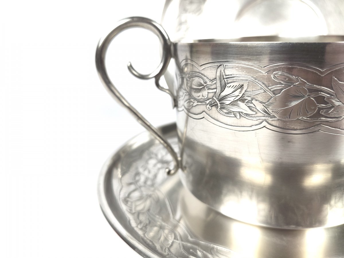 Bardiès: Pair Of Large Breakfast, Art Nouveau Chocolate Cups In Solid Silver & Vermeil 1900