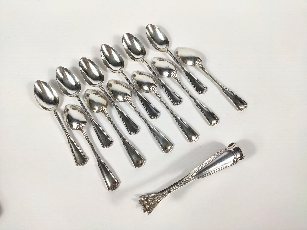 Queillé: Solid Silver Tea Set: 12 Spoons & Sugar Tongs. 19th Century. -photo-2