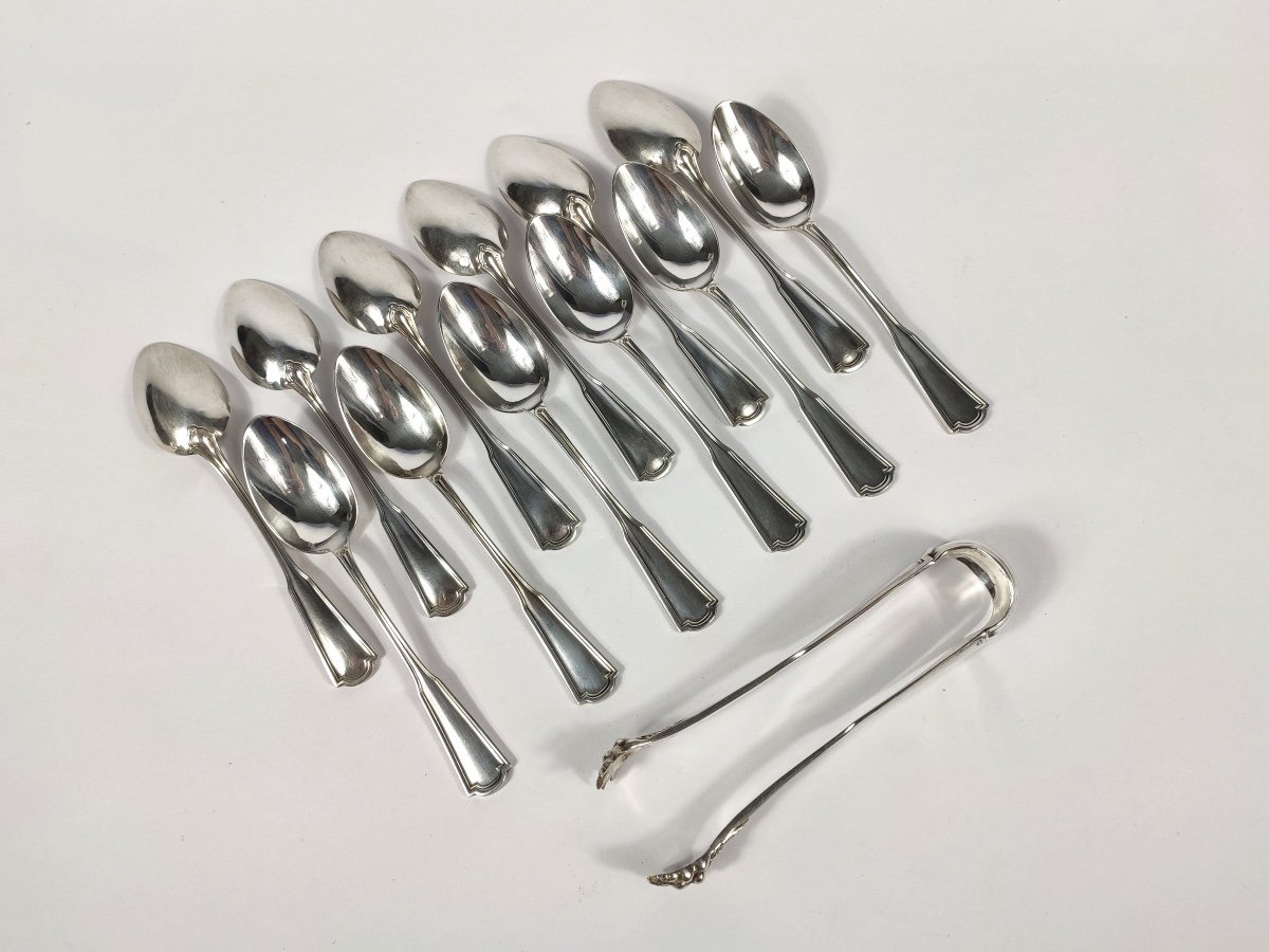 Queillé: Solid Silver Tea Set: 12 Spoons & Sugar Tongs. 19th Century. -photo-3