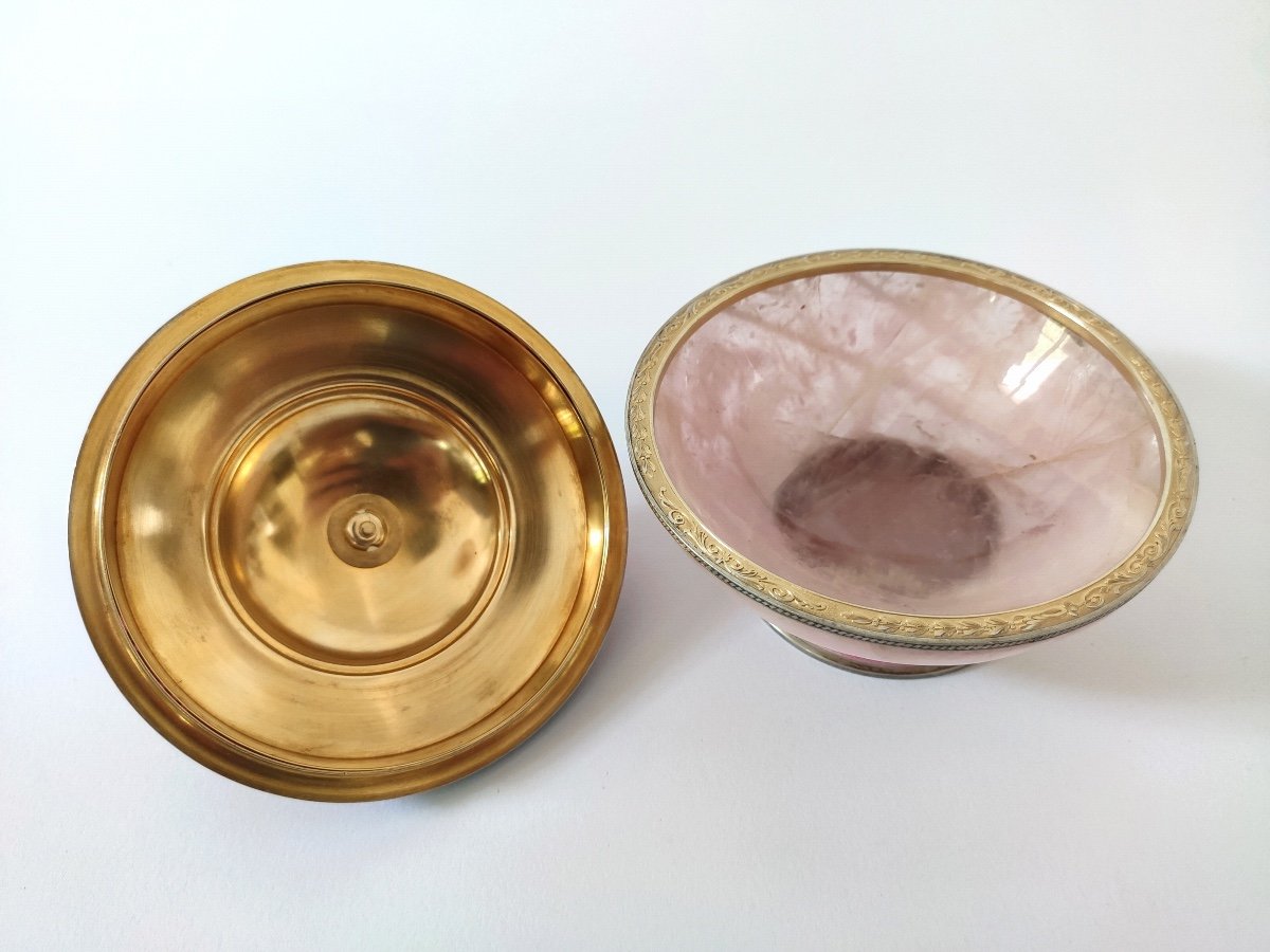 Paul Guillon: Rare Rose Quartz Cup, Guilloché & Enameled Silver, Vermeil. C1900-photo-1