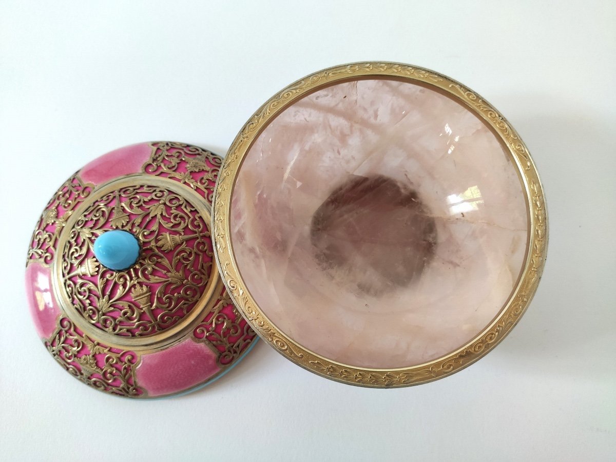 Paul Guillon: Rare Rose Quartz Cup, Guilloché & Enameled Silver, Vermeil. C1900-photo-2