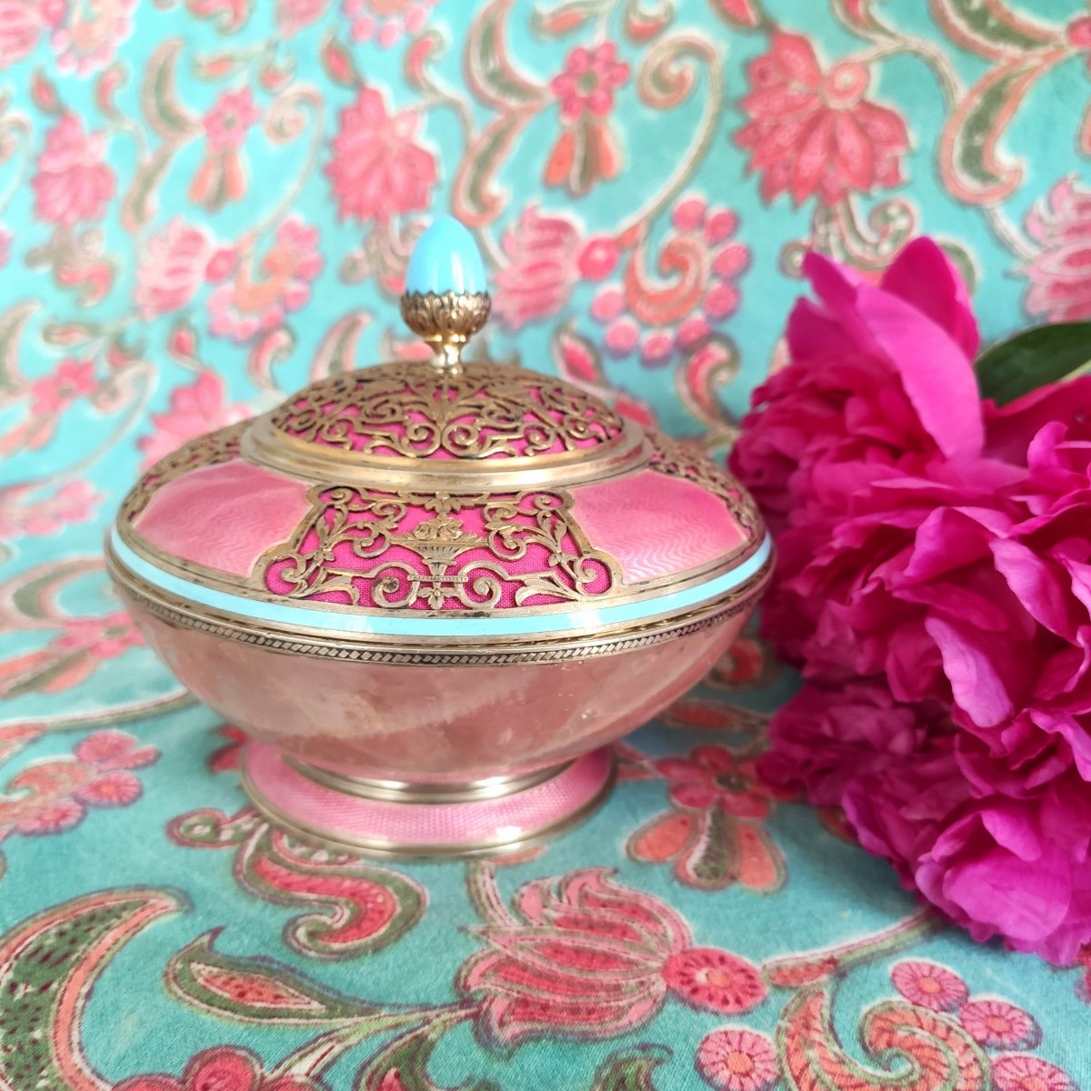 Paul Guillon: Rare Rose Quartz Cup, Guilloché & Enameled Silver, Vermeil. C1900-photo-8