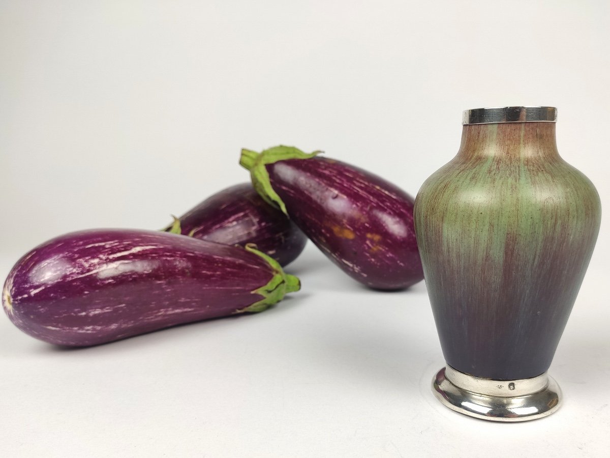 Eugène Baudin: Interesting Small Vase In Green And Purple Enameled Stoneware, Silver Mounted-photo-2