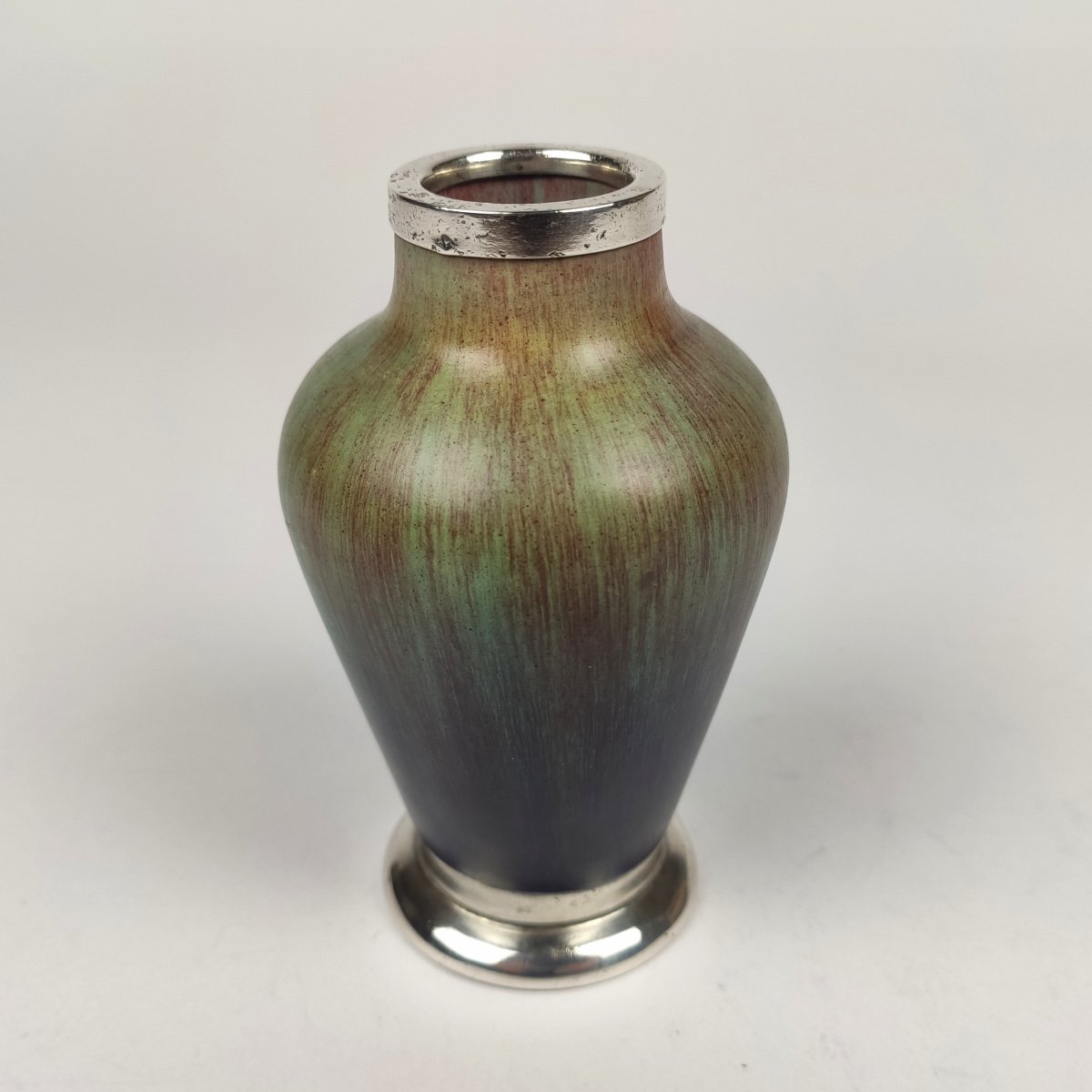 Eugène Baudin: Superb Small Vase In Green And Purple Enameled Stoneware, Mounted In Silver. -photo-3