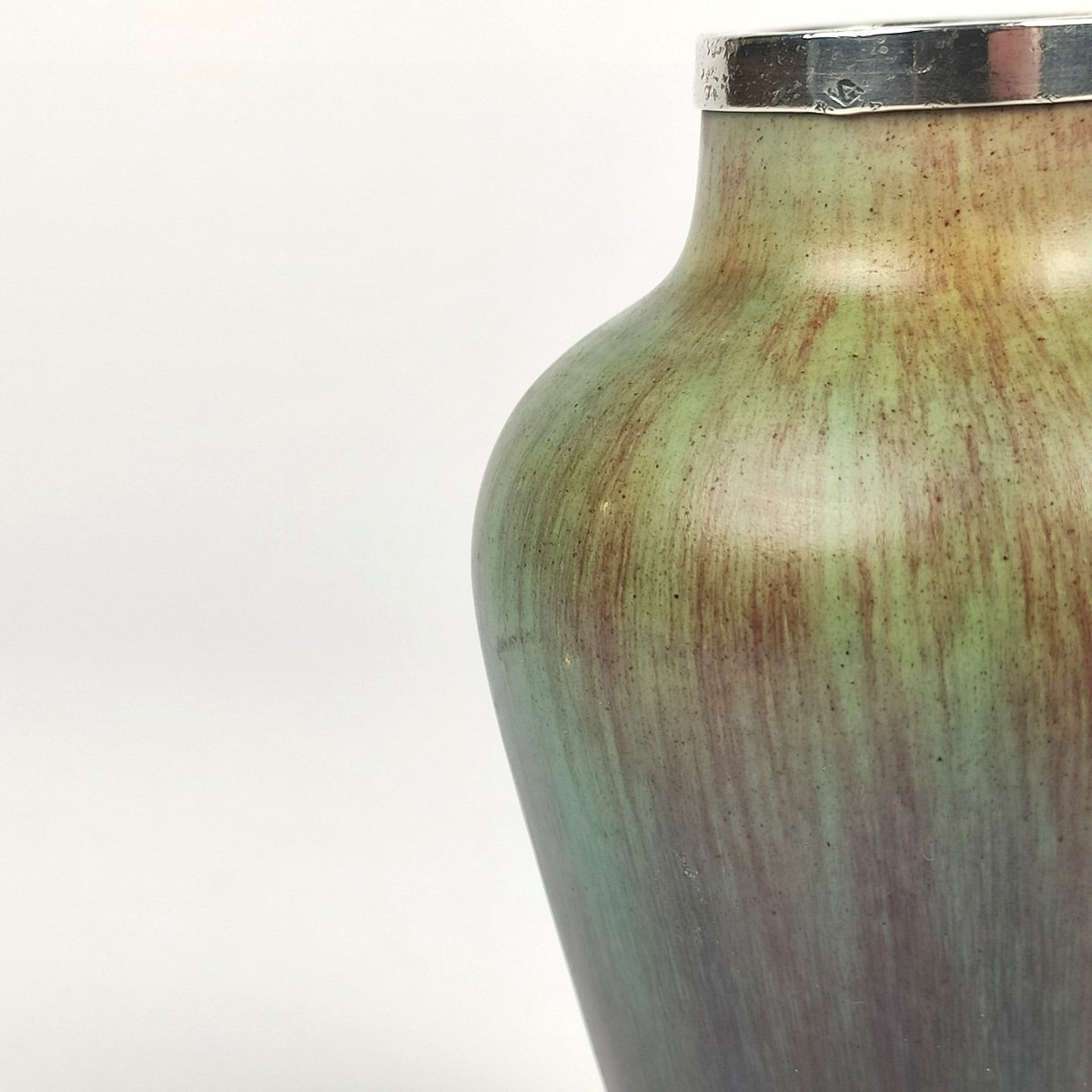 Eugène Baudin: Superb Small Vase In Green And Purple Enameled Stoneware, Mounted In Silver. -photo-4