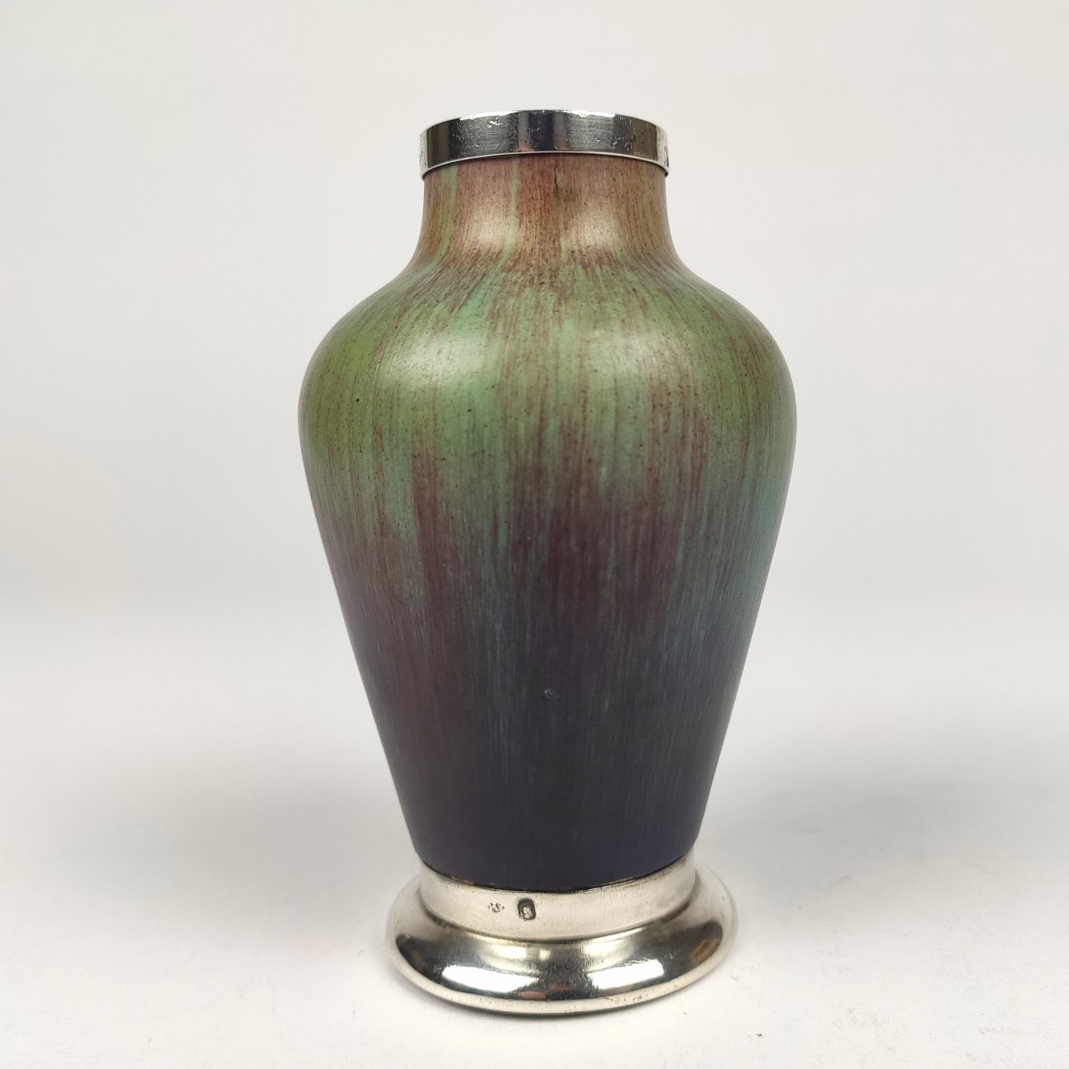 Eugène Baudin: Interesting Small Vase In Green And Purple Enameled Stoneware, Silver Mounted-photo-2