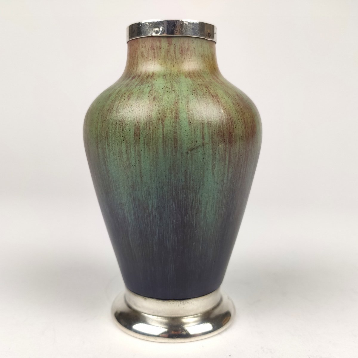 Eugène Baudin: Interesting Small Vase In Green And Purple Enameled Stoneware, Silver Mounted-photo-3