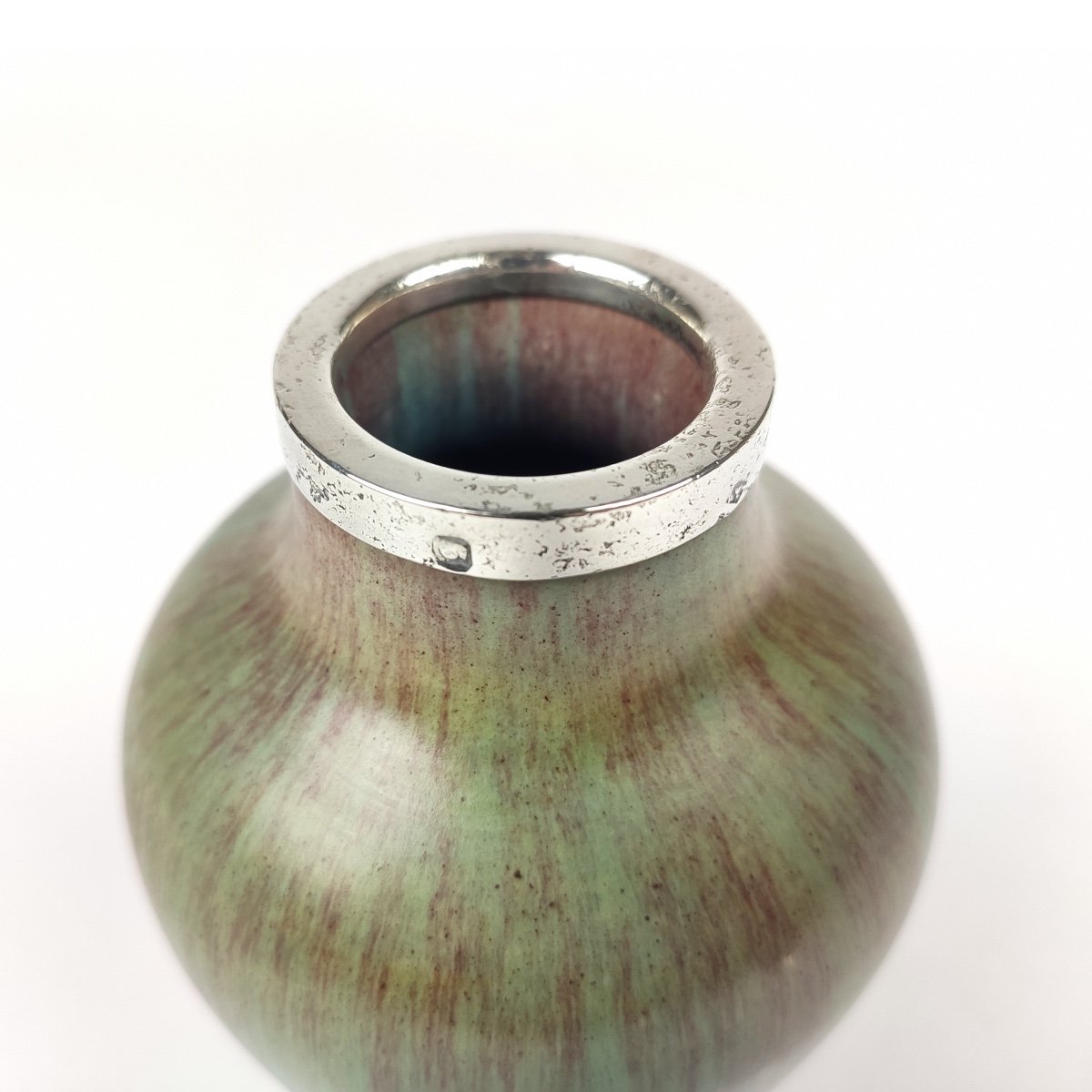 Eugène Baudin: Interesting Small Vase In Green And Purple Enameled Stoneware, Silver Mounted-photo-4