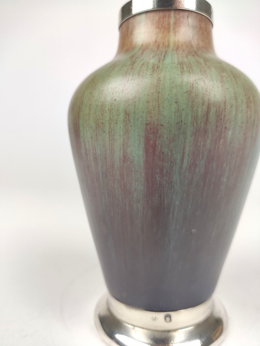 Eugène Baudin: Superb Small Vase In Green And Purple Enameled Stoneware, Mounted In Silver. -photo-7