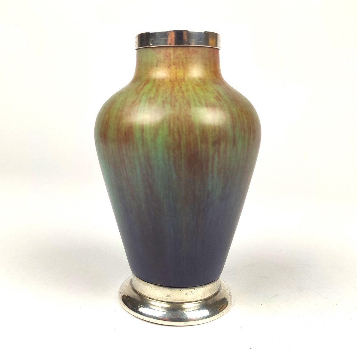 Eugène Baudin: Superb Small Vase In Green And Purple Enameled Stoneware, Mounted In Silver. 