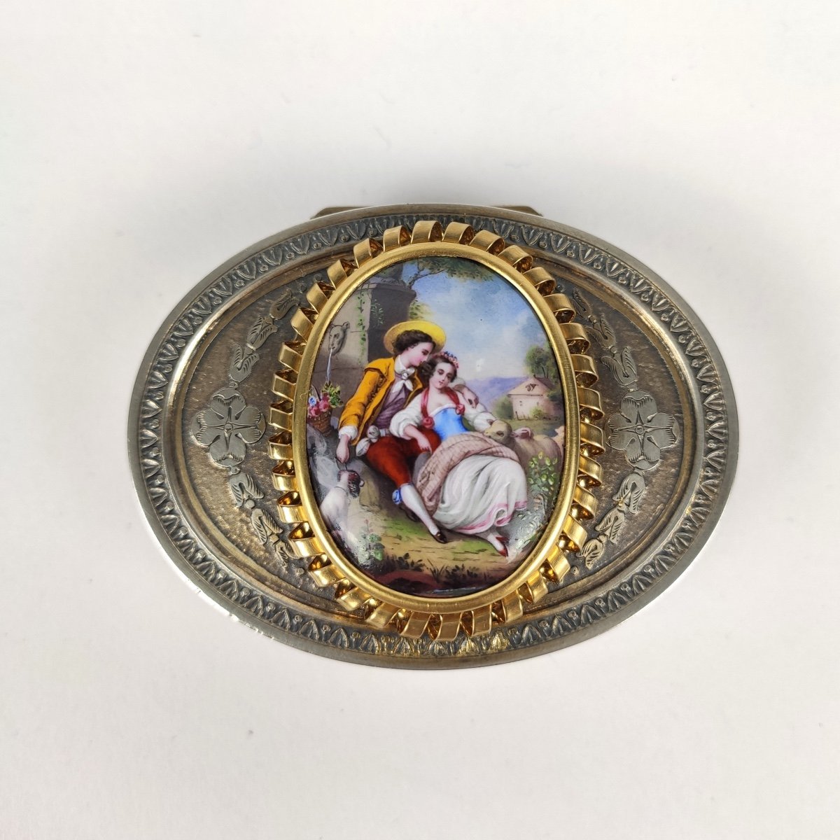 Romantic Snuff Box In Silver Vermeil, Enamel And 18k Gold, Louis XVI Style. -photo-2