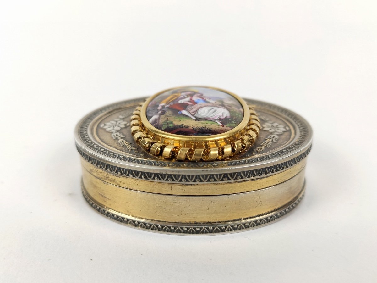 Romantic Snuff Box In Silver Vermeil, Enamel And 18k Gold, Louis XVI Style. -photo-4