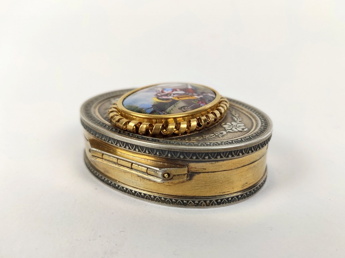 Romantic Snuff Box In Silver Vermeil, Enamel And 18k Gold, Louis XVI Style. -photo-2