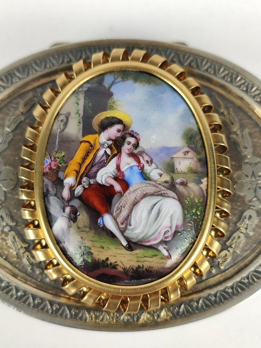 Romantic Snuff Box In Silver Vermeil, Enamel And 18k Gold, Louis XVI Style. -photo-5