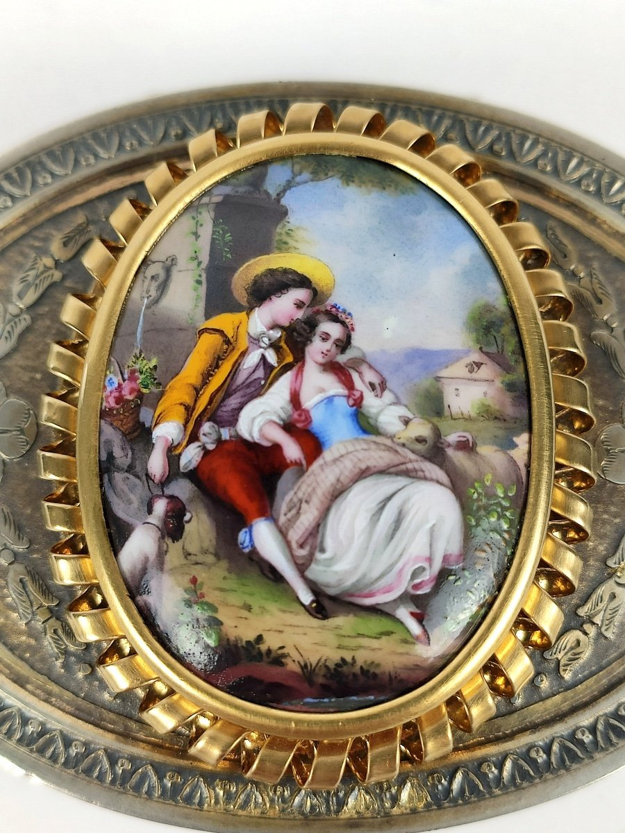 Romantic Snuff Box In Silver Vermeil, Enamel And 18k Gold, Louis XVI Style. -photo-6