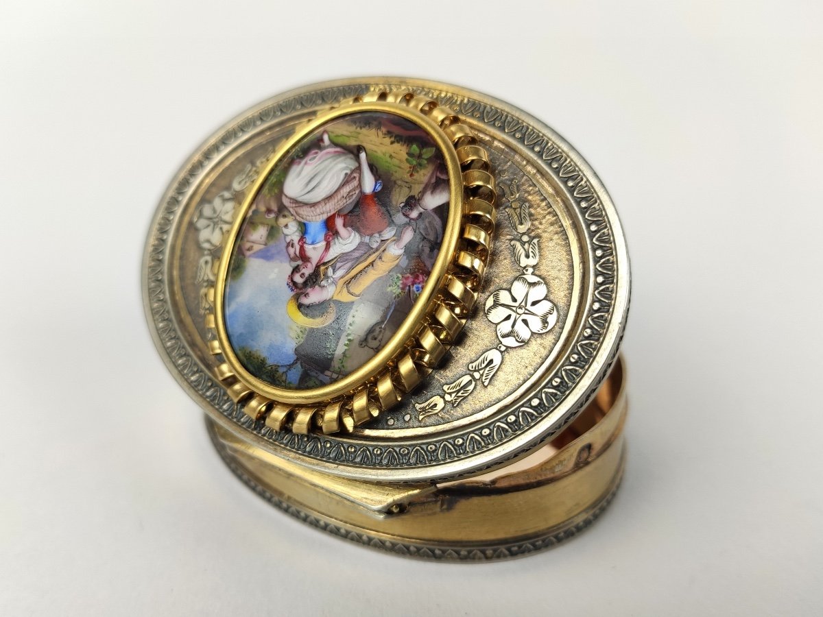 Romantic Snuff Box In Silver Vermeil, Enamel And 18k Gold, Louis XVI Style. -photo-7