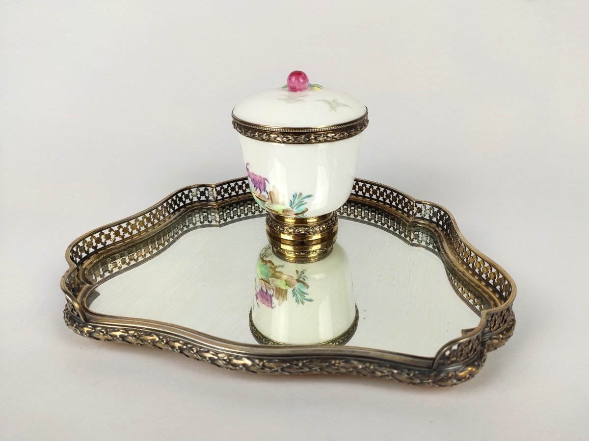 Risler Et Carré : Grand & Superbe Encrier. Argent Massif, Vermeil, Porcelaine Et Miroir. C 1900-photo-2