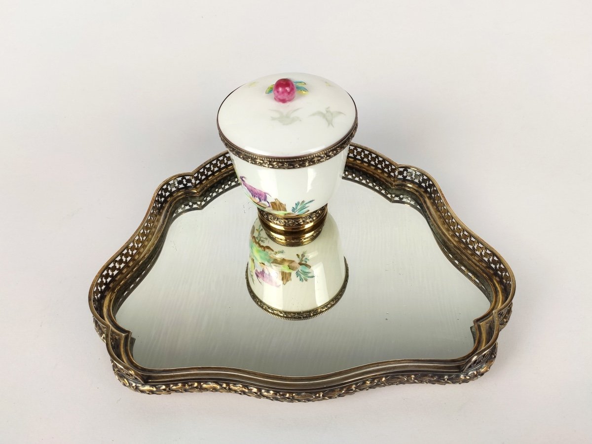 Risler Et Carré : Grand & Superbe Encrier. Argent Massif, Vermeil, Porcelaine Et Miroir. C 1900-photo-4