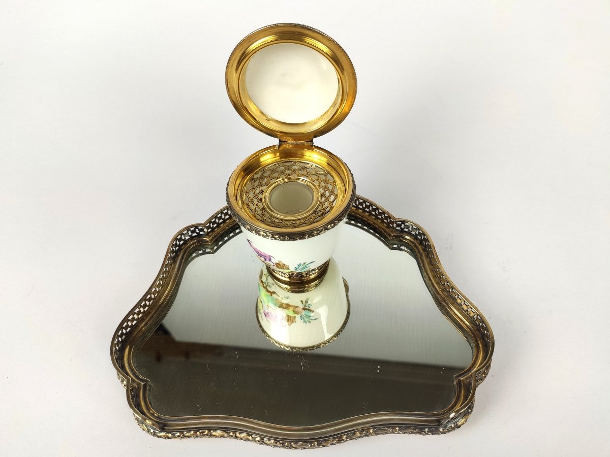 Risler Et Carré : Grand & Superbe Encrier. Argent Massif, Vermeil, Porcelaine Et Miroir. C 1900-photo-8