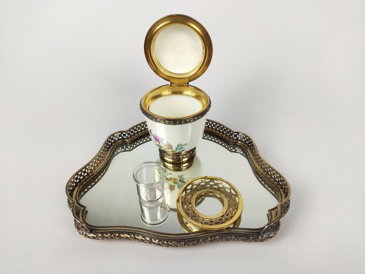 Risler Et Carré : Grand & Superbe Encrier. Argent Massif, Vermeil, Porcelaine Et Miroir. C 1900