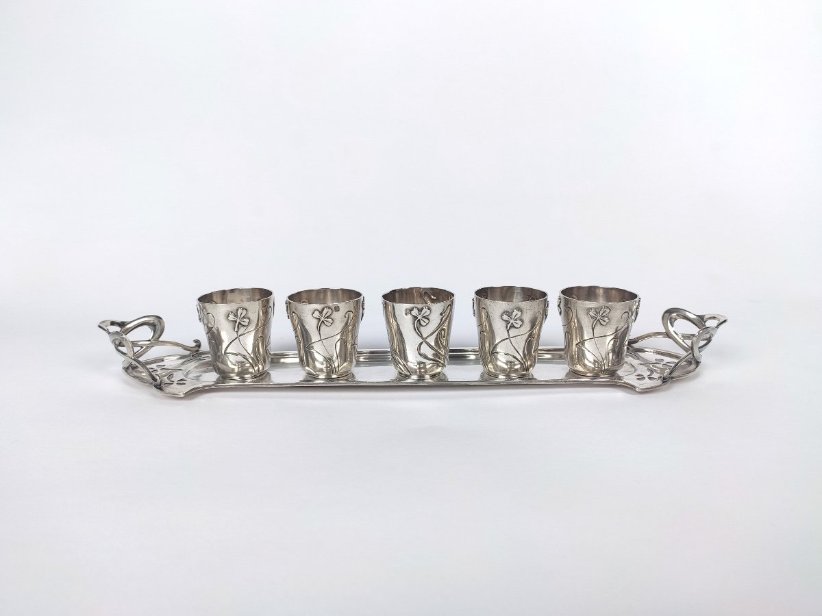 A. Debain: Art Nouveau Liqueur Cabaret In Solid Silver. Clover Decor. Glasses & Tray.-photo-2