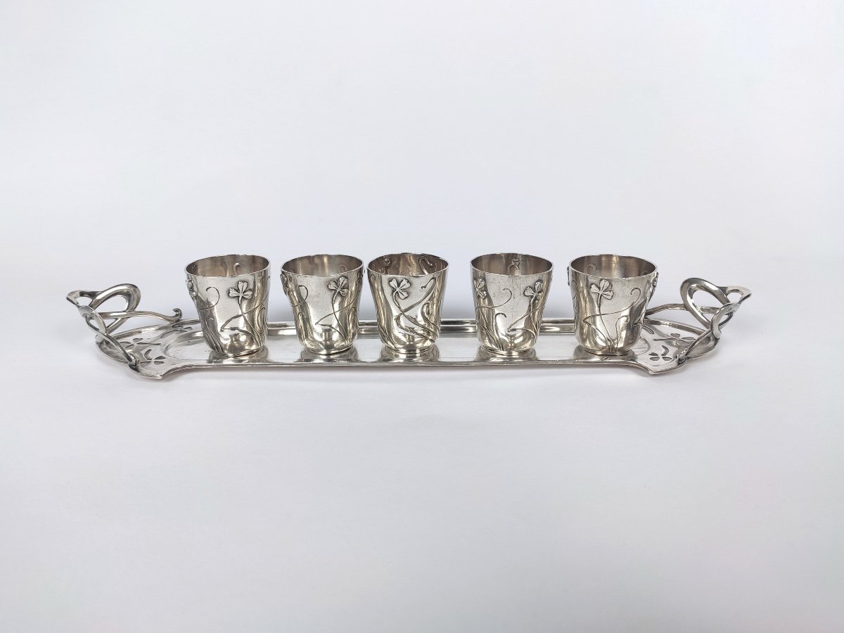 A. Debain: Art Nouveau Liqueur Cabaret In Solid Silver. Clover Decor. Glasses & Tray.-photo-3