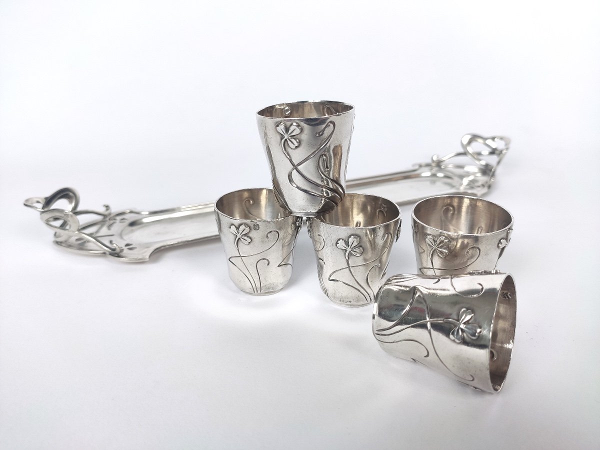 A. Debain: Art Nouveau Liqueur Cabaret In Solid Silver. Clover Decor. Glasses & Tray.-photo-2