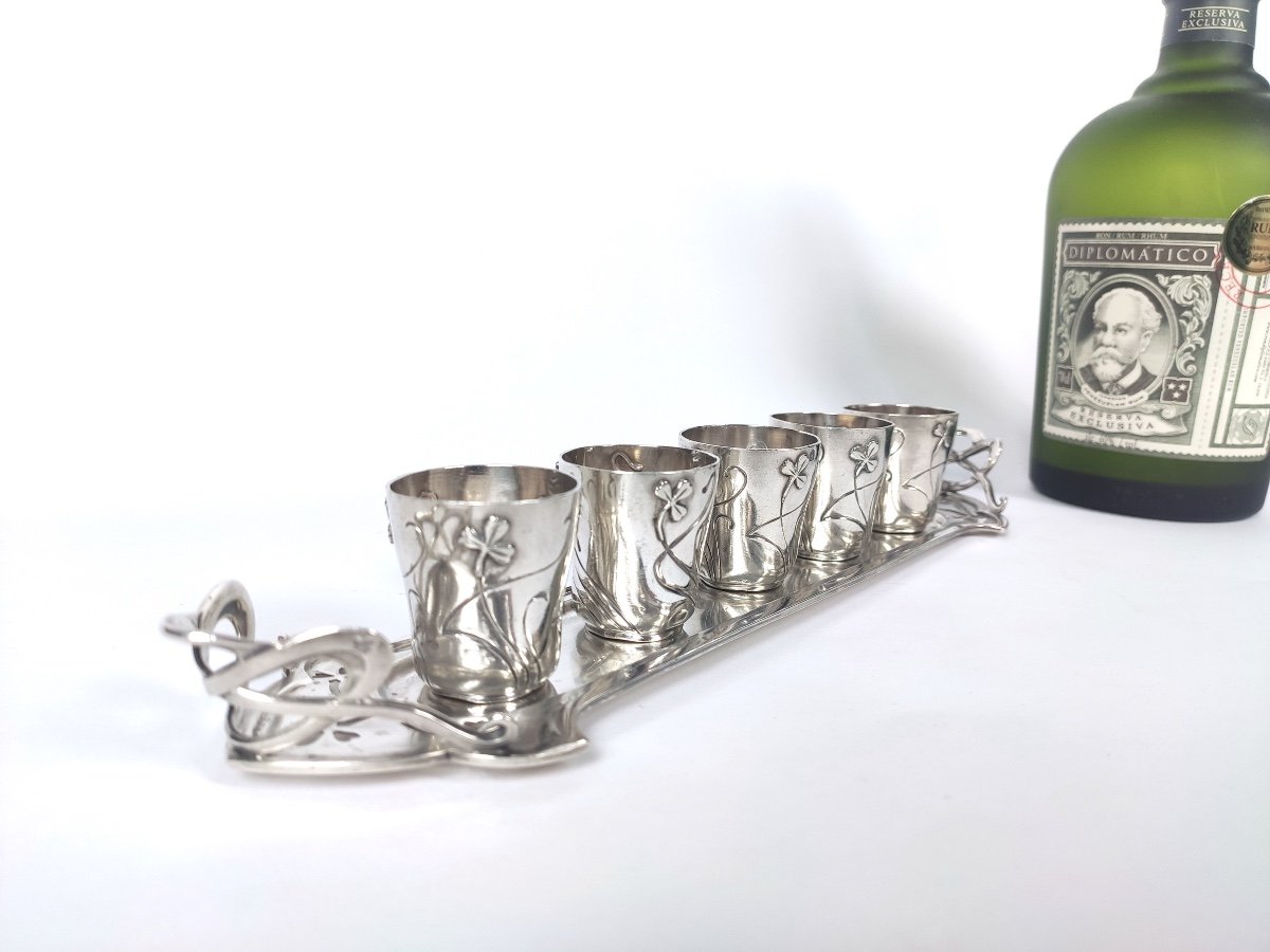 A. Debain: Art Nouveau Liqueur Cabaret In Solid Silver. Clover Decor. Glasses & Tray.-photo-4