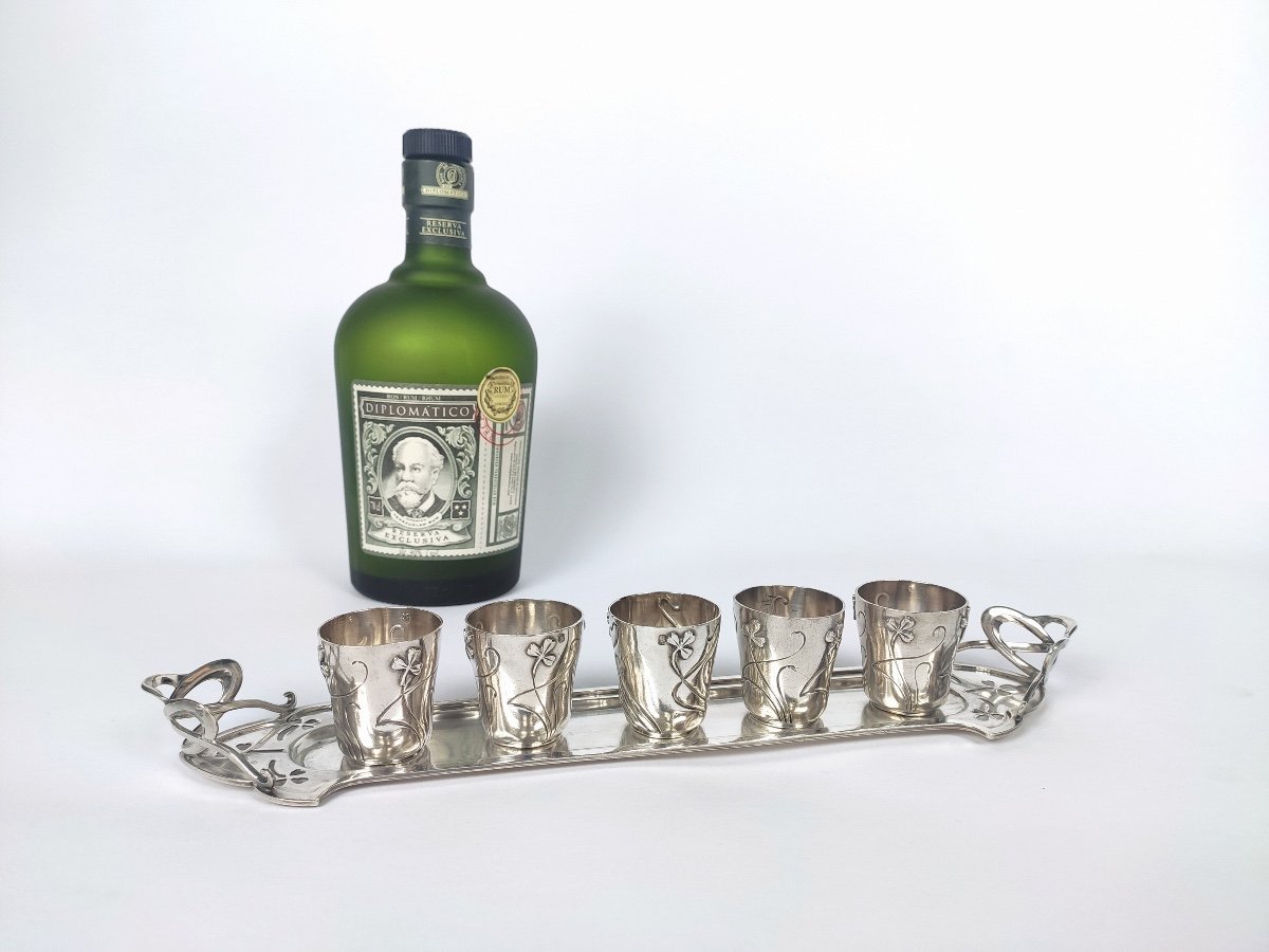 A. Debain: Art Nouveau Liqueur Cabaret In Solid Silver. Clover Decor. Glasses & Tray.