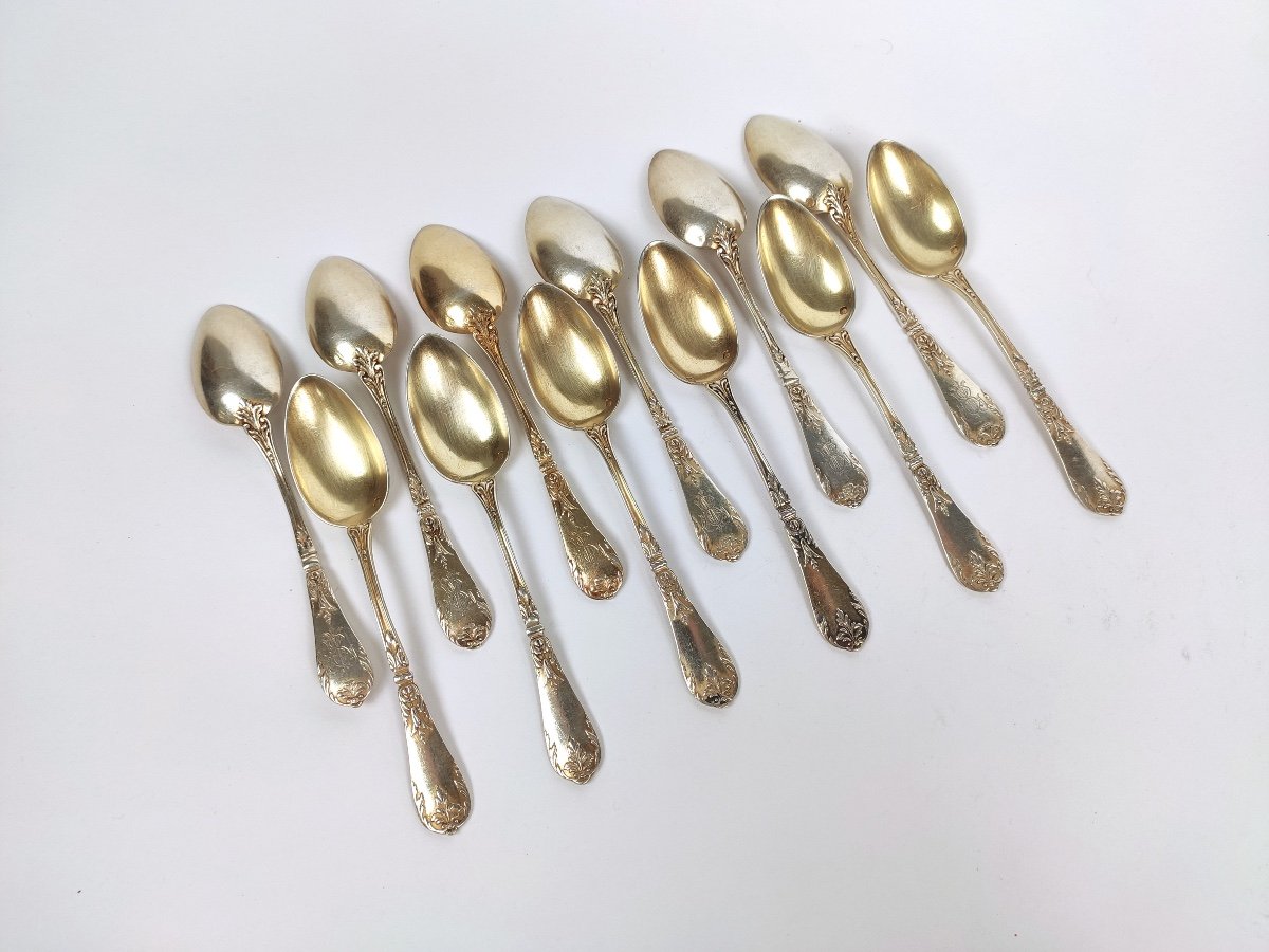 Tallois Mayence: Twelve Louis XV Style Sterling Silver Vermeil Coffee Spoons. Late 19th Century-photo-3