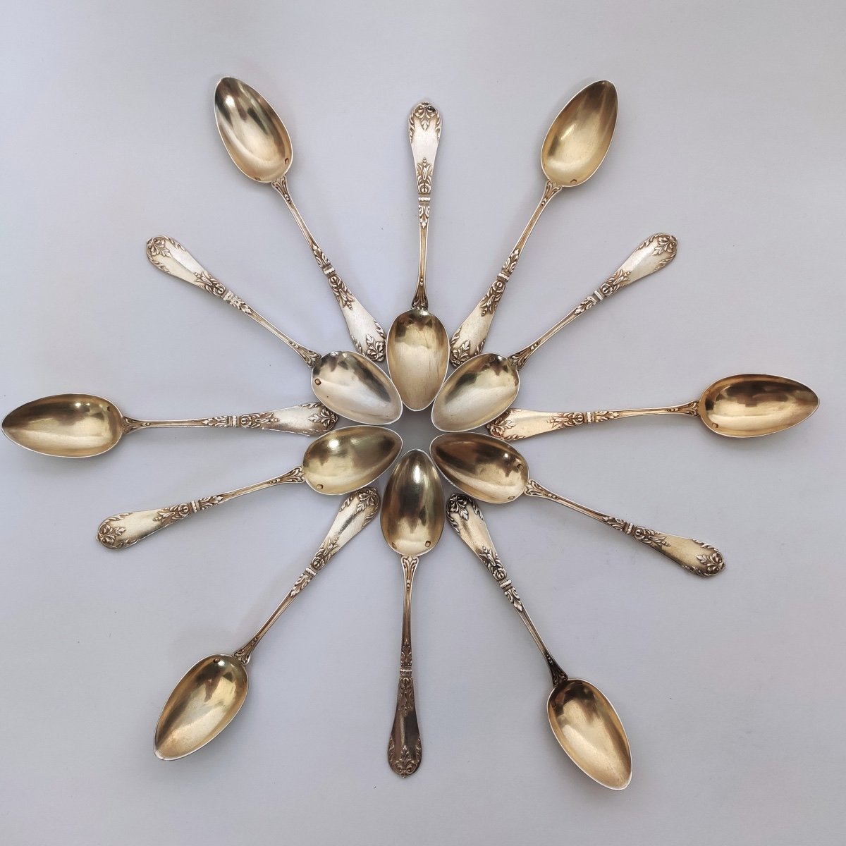 Tallois Mayence: Twelve Louis XV Style Sterling Silver Vermeil Coffee Spoons. Late 19th Century-photo-4