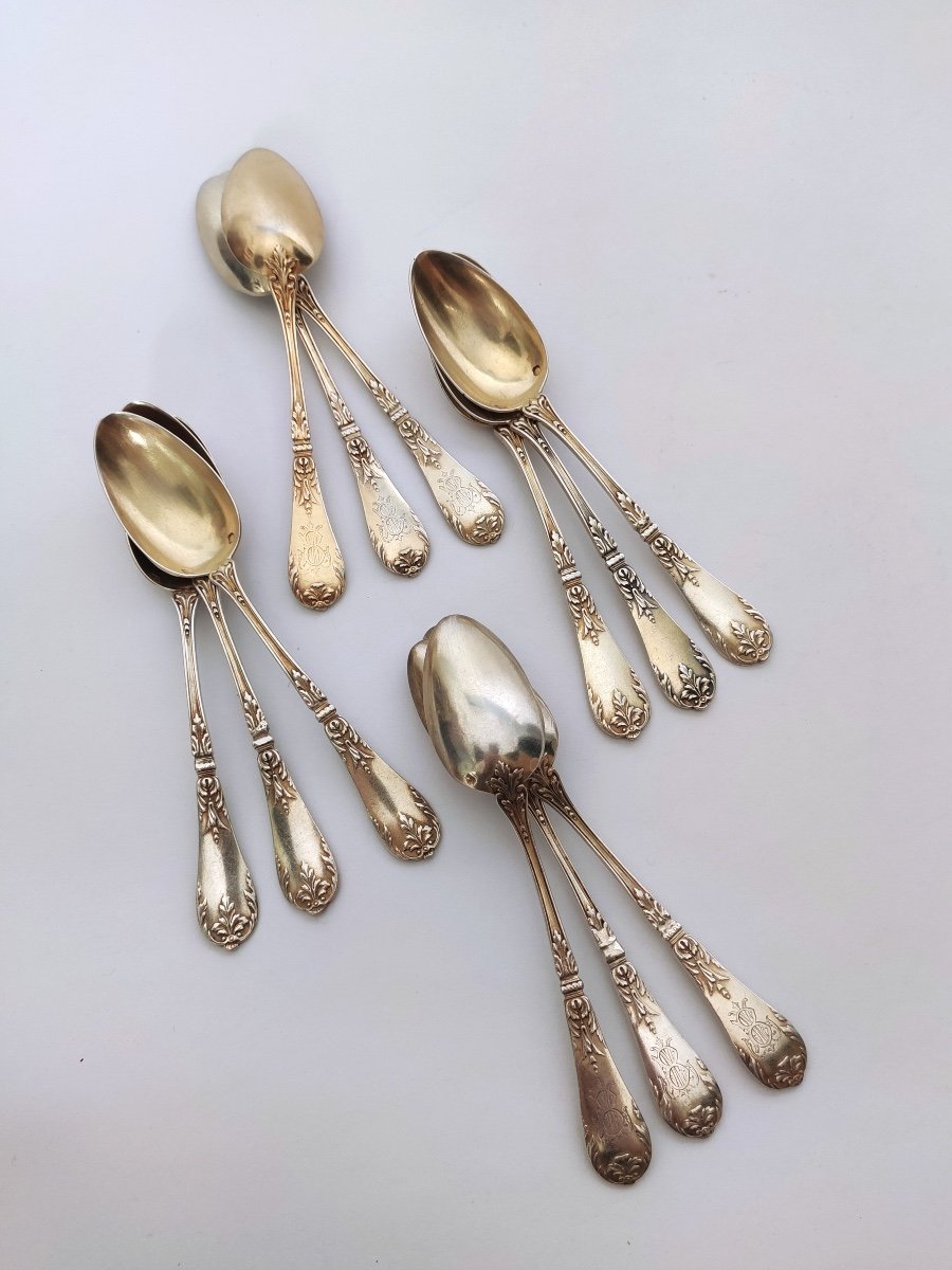 Tallois Mayence: Twelve Louis XV Style Sterling Silver Vermeil Coffee Spoons. Late 19th Century-photo-1