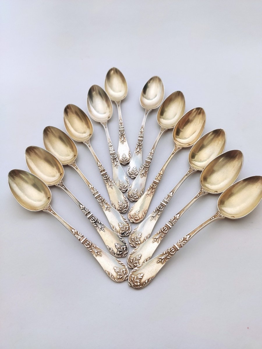 Tallois Mayence: Twelve Louis XV Style Sterling Silver Vermeil Coffee Spoons. Late 19th Century