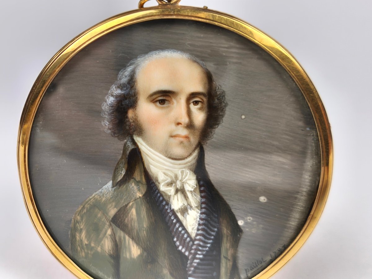 D Paillot: Superb Miniature Portrait Of A Man & Hair Composition, Late 18th Century, Gold Frame-photo-2