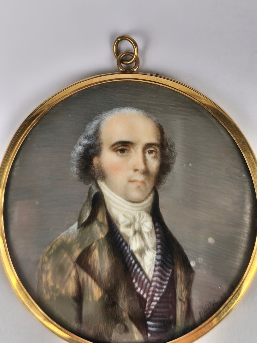 D Paillot: Superb Miniature Portrait Of A Man & Hair Composition, Late 18th Century, Gold Frame-photo-1