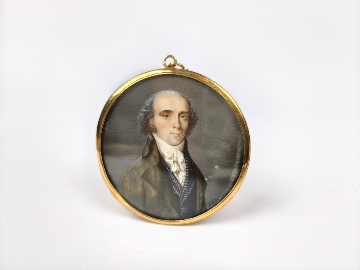 D Paillot: Superb Miniature Portrait Of A Man & Hair Composition, Late 18th Century, Gold Frame