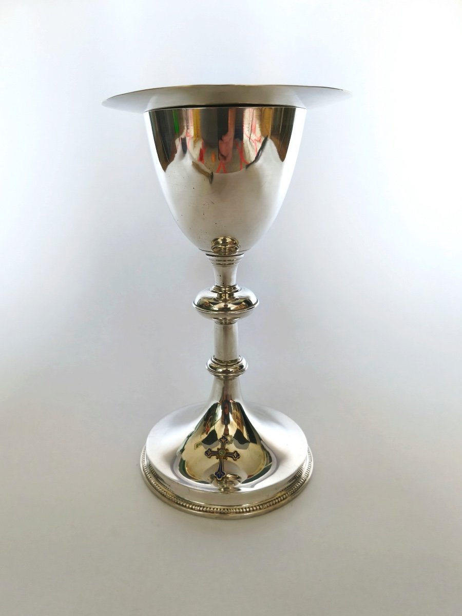 Demarquet: Superb And Large Chalice In Solid Silver & Vermeil, Enameled Cross & Paten. 19th Century. -photo-4