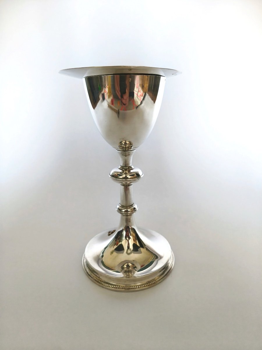 Demarquet: Superb And Large Chalice In Solid Silver & Vermeil, Enameled Cross & Paten. 19th Century. -photo-1