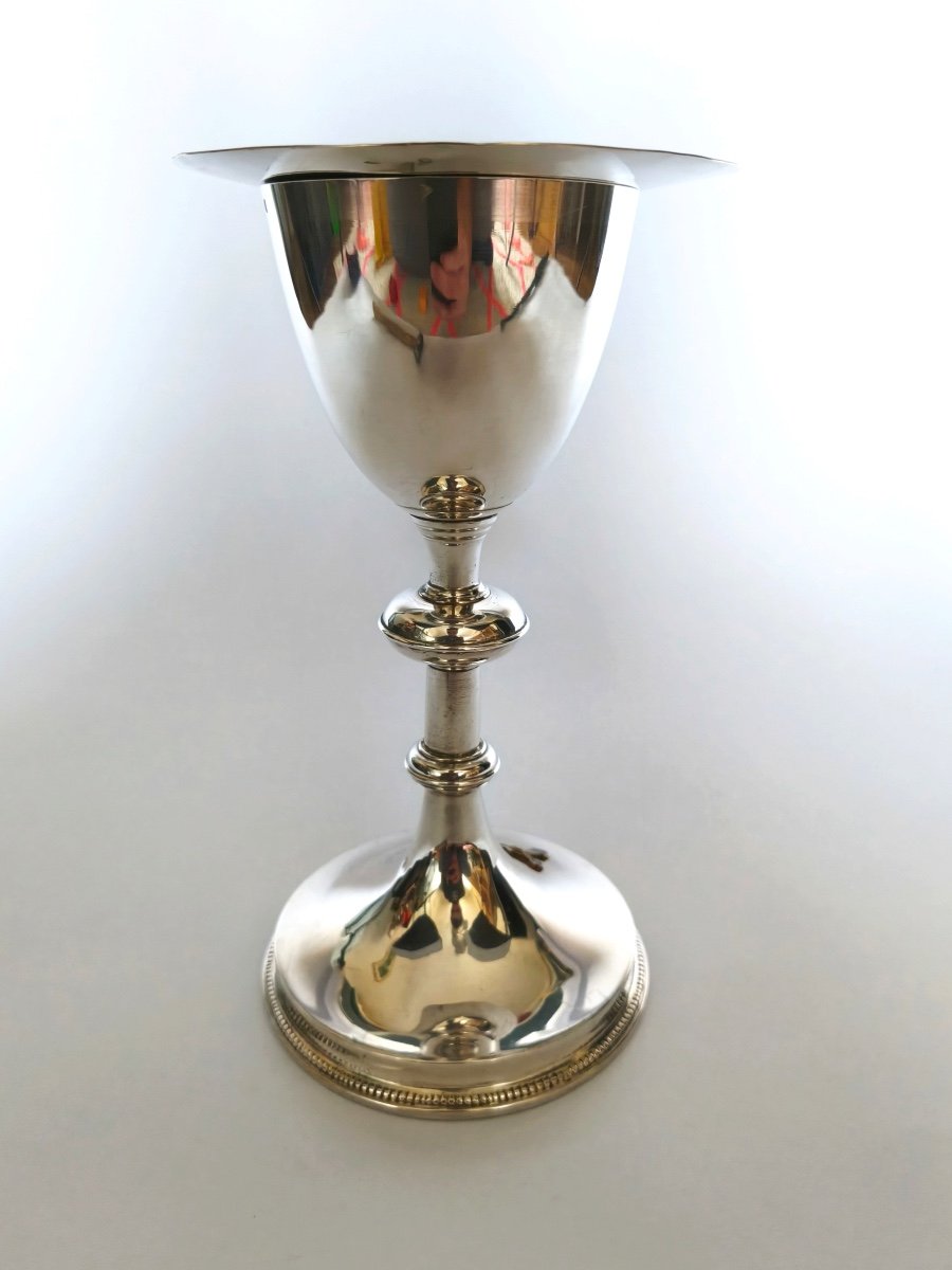 Demarquet: Superb And Large Chalice In Solid Silver & Vermeil, Enameled Cross & Paten. 19th Century. -photo-2