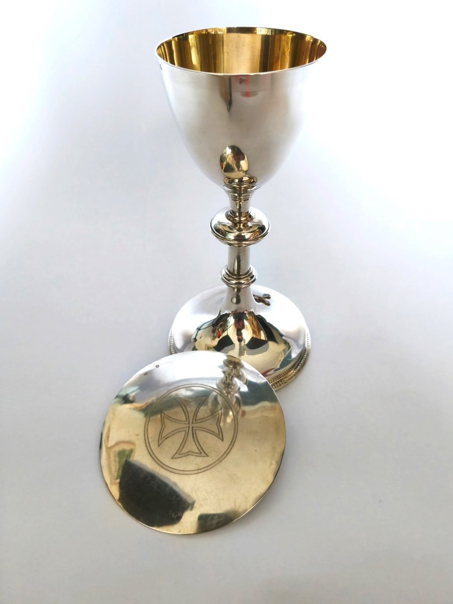 Demarquet: Superb And Large Chalice In Solid Silver & Vermeil, Enameled Cross & Paten. 19th Century. -photo-3