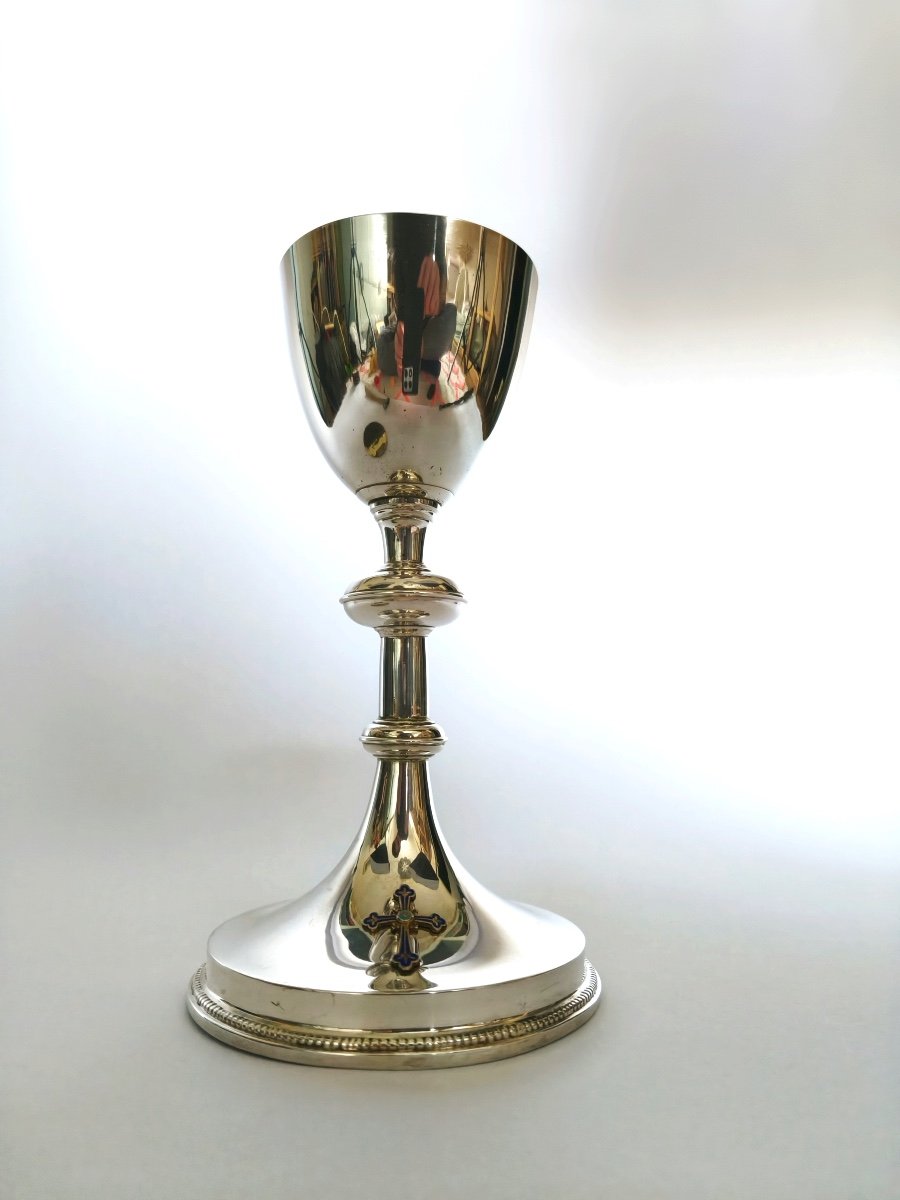 Demarquet: Superb And Large Chalice In Solid Silver & Vermeil, Enameled Cross & Paten. 19th Century. -photo-6