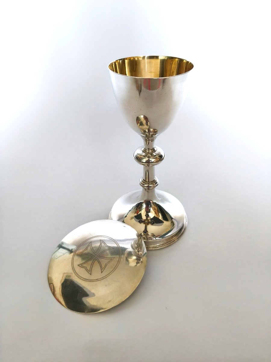 Demarquet: Superb And Large Chalice In Solid Silver & Vermeil, Enameled Cross & Paten. 19th Century. -photo-7