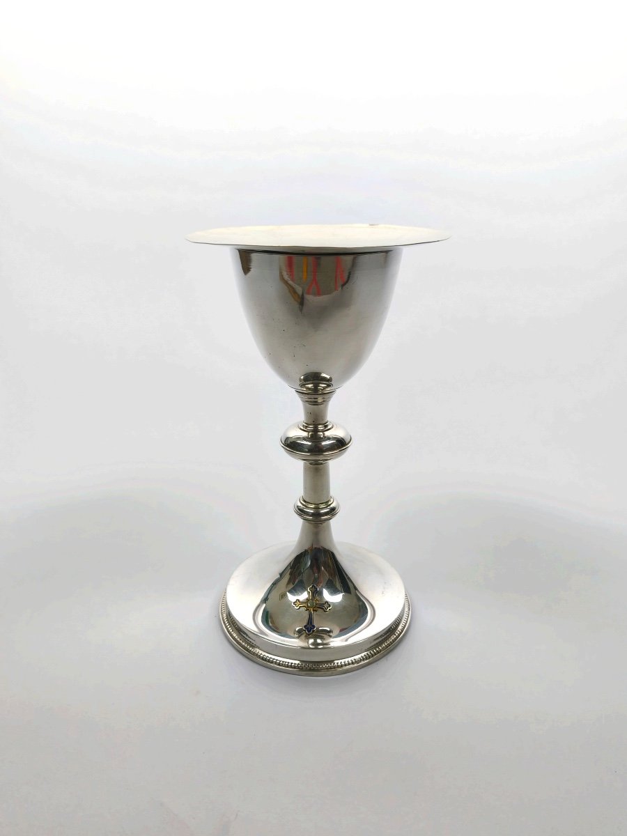 Demarquet: Superb And Large Chalice In Solid Silver & Vermeil, Enameled Cross & Paten. 19th Century. 